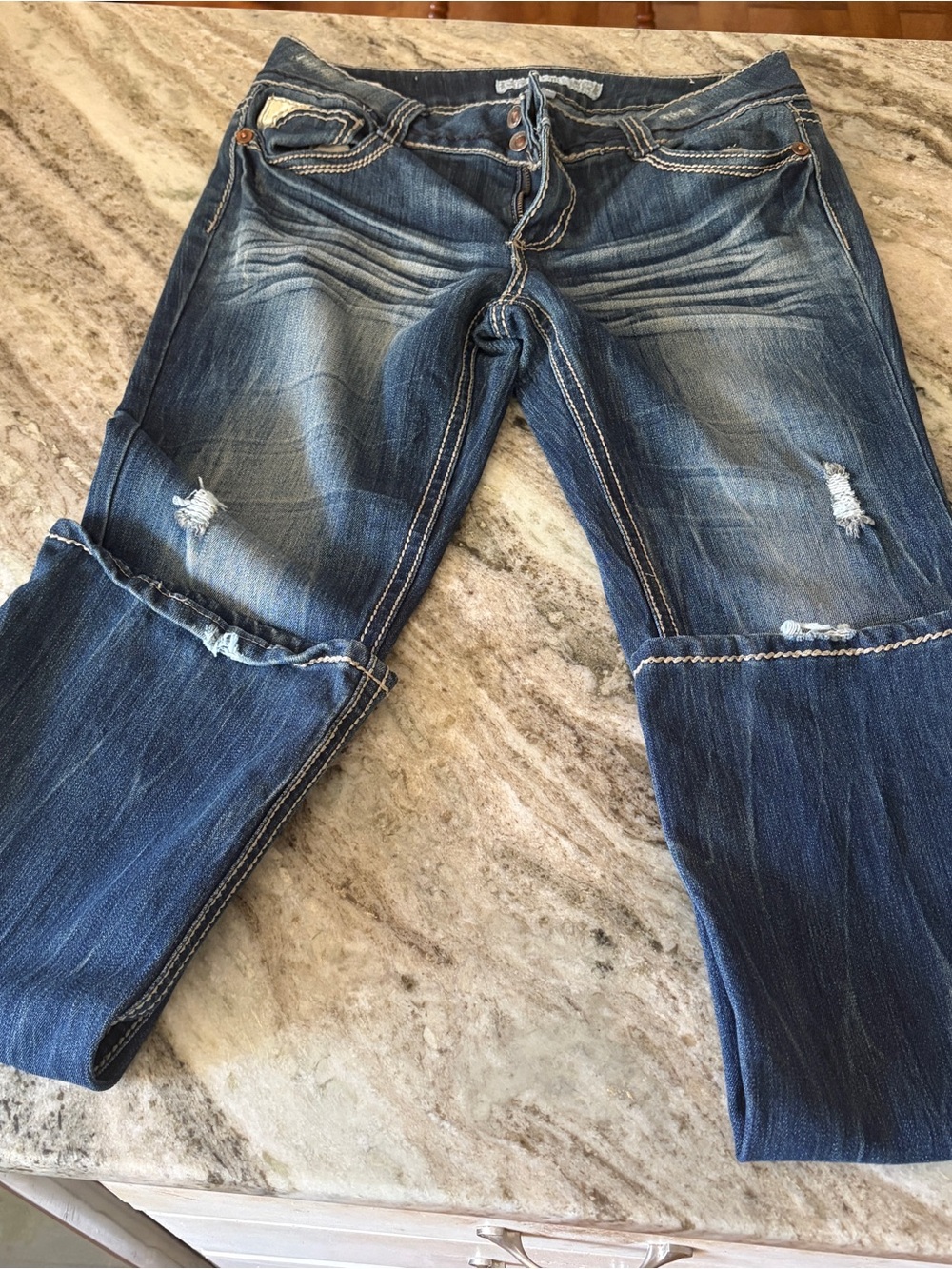 YMI Iconic Women’s Mid-Rise Distressed Blue Denim strait leg Jeans